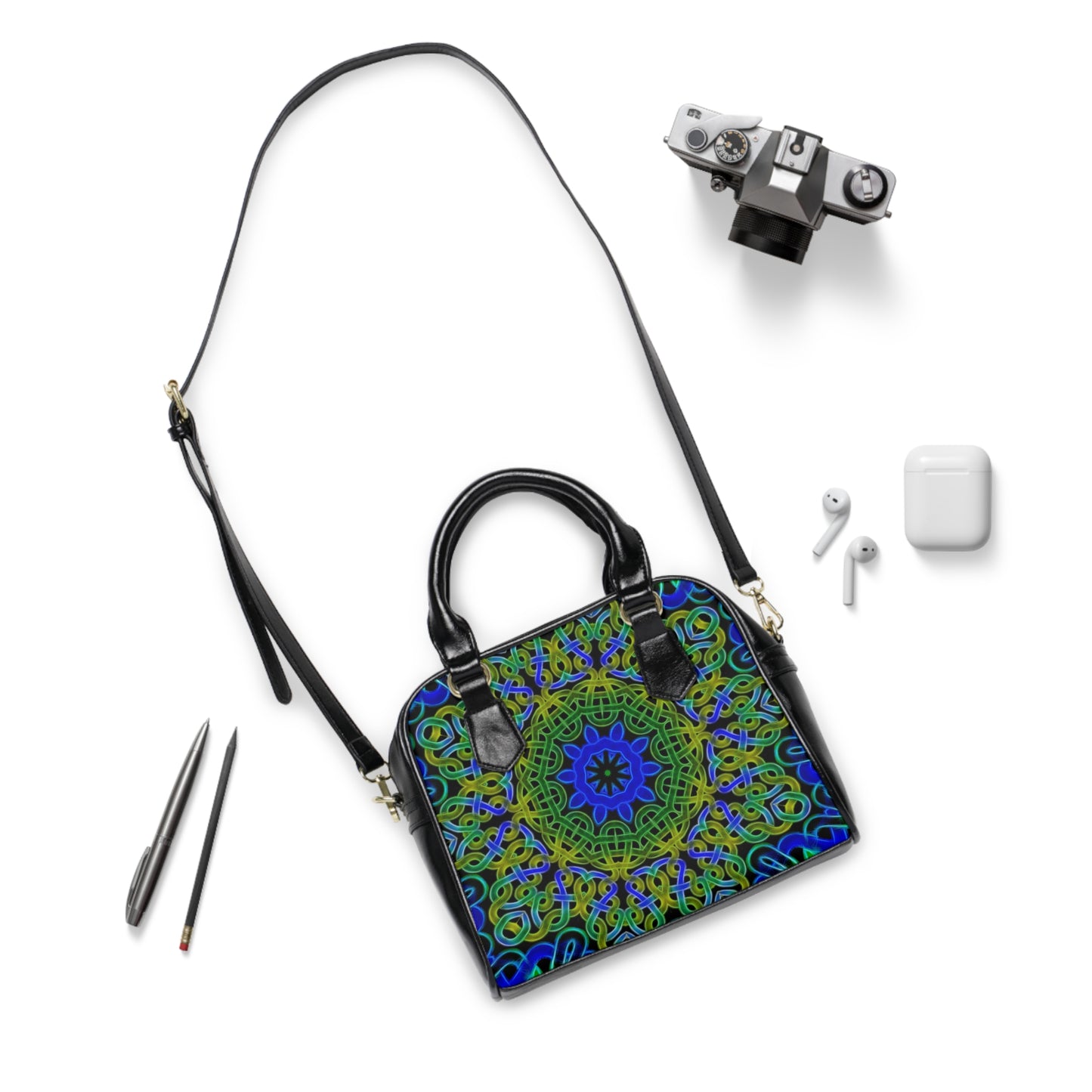 Blue Green Celtic Kaleidoscope Shoulder Handbag