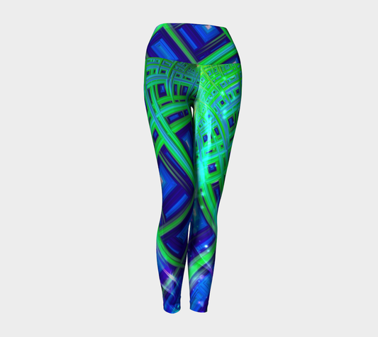 Green Blue Square Fractal Yoga Leggings