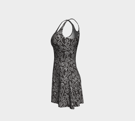 White Swirls On Gray Flare Dress
