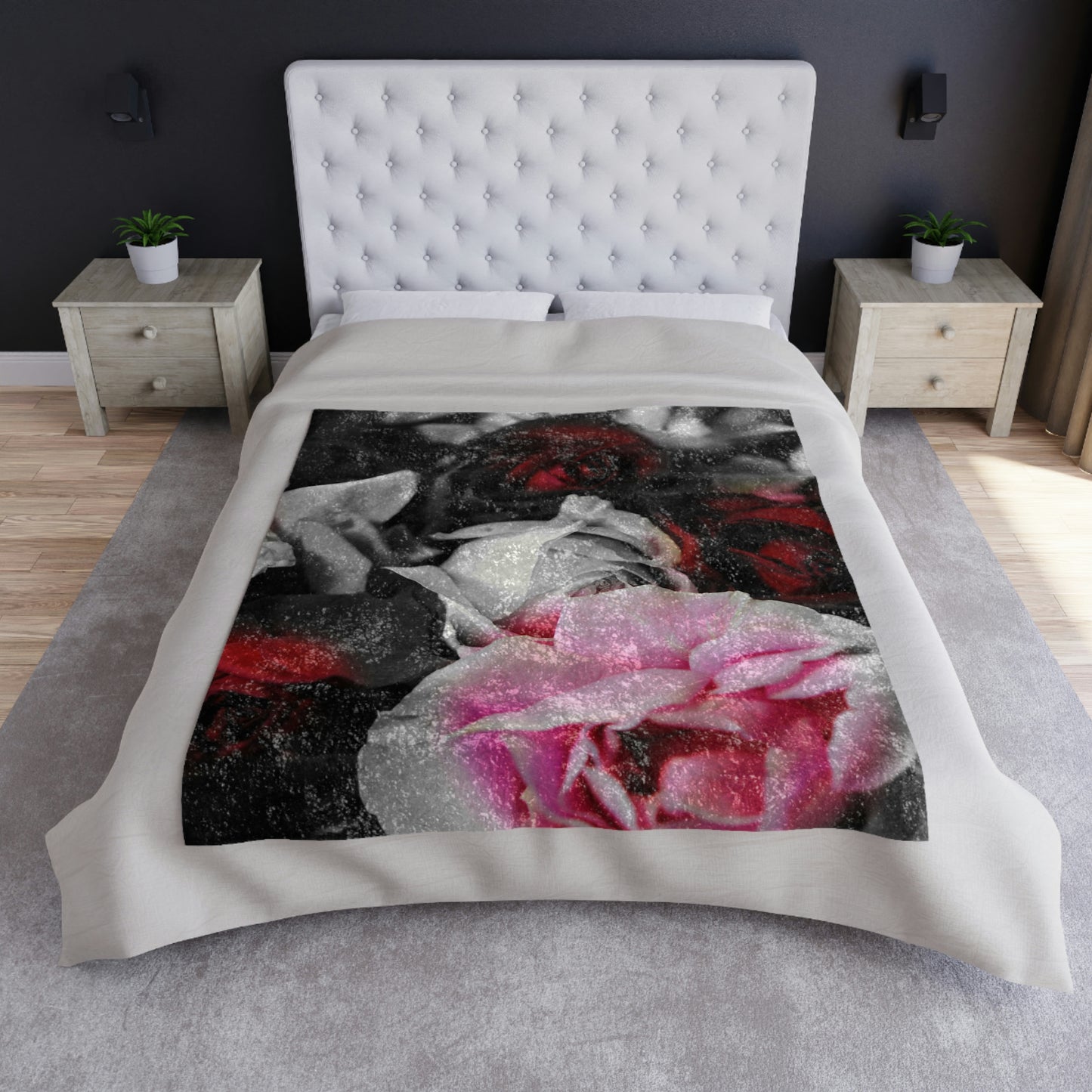 Black and White Roses Fade Crushed Velvet Blanket