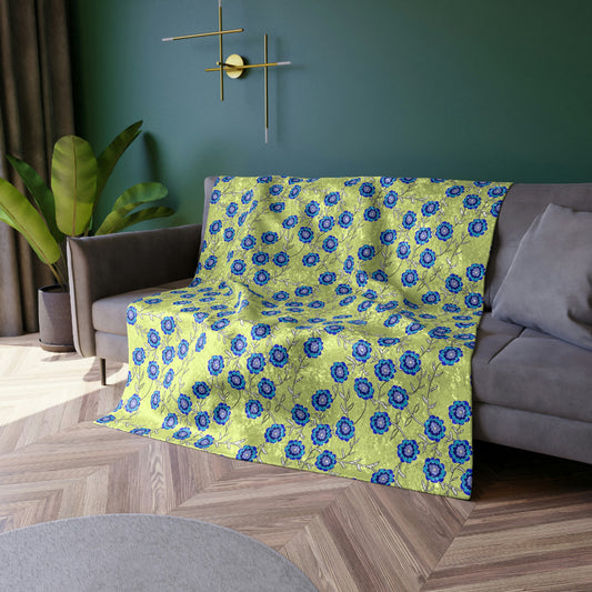 Blue Flowers on Yellow Crushed Velvet Blanket