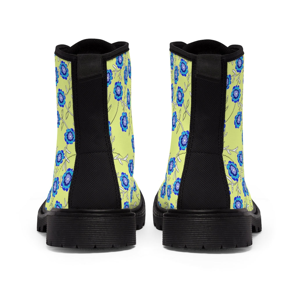 Blue Flowers On Yellow Women's Canvas Boots