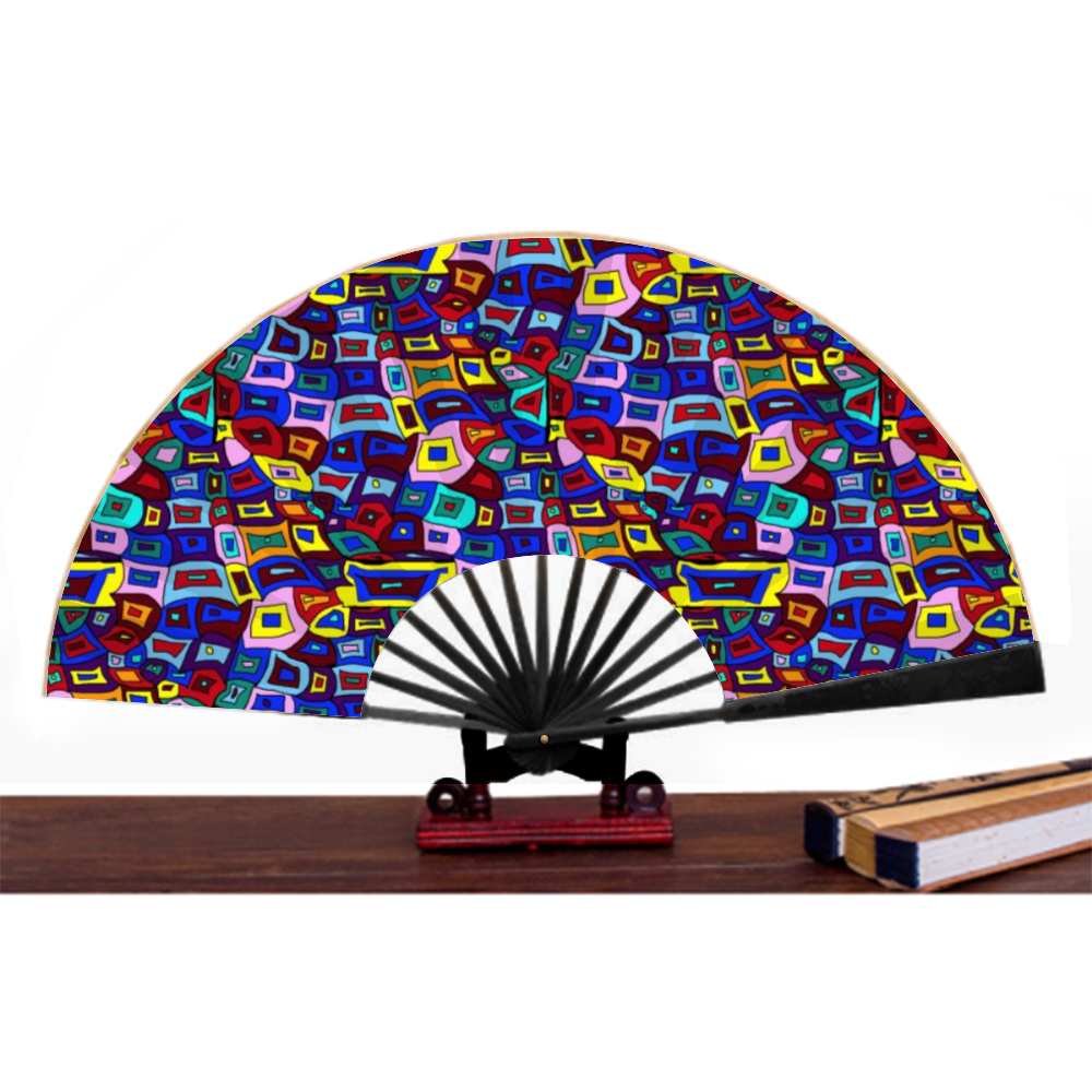 Wavy Square Pattern Double-side Custom Spun Silk Fan Retro Hand-held Folding Fan