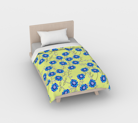 Blue Flowers On Yellow Duvet Cover