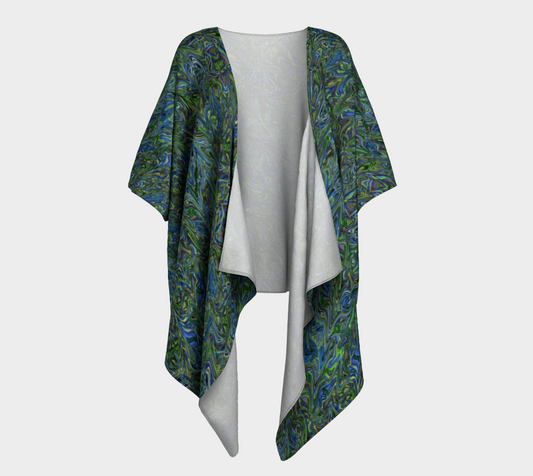 Blue Green Liquid Swirl Draped Kimono