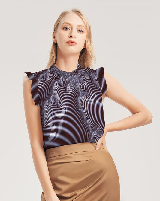 Black and White Spiral Fractal Women's Ruffle Sleeve Top