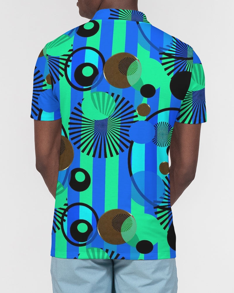 Blue Green Stripes and Dots Men's Slim Fit Short Sleeve Polo