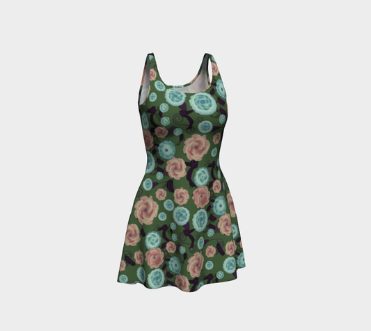 Earthy Peach and Turquoise Flower Pattern Flare Dress