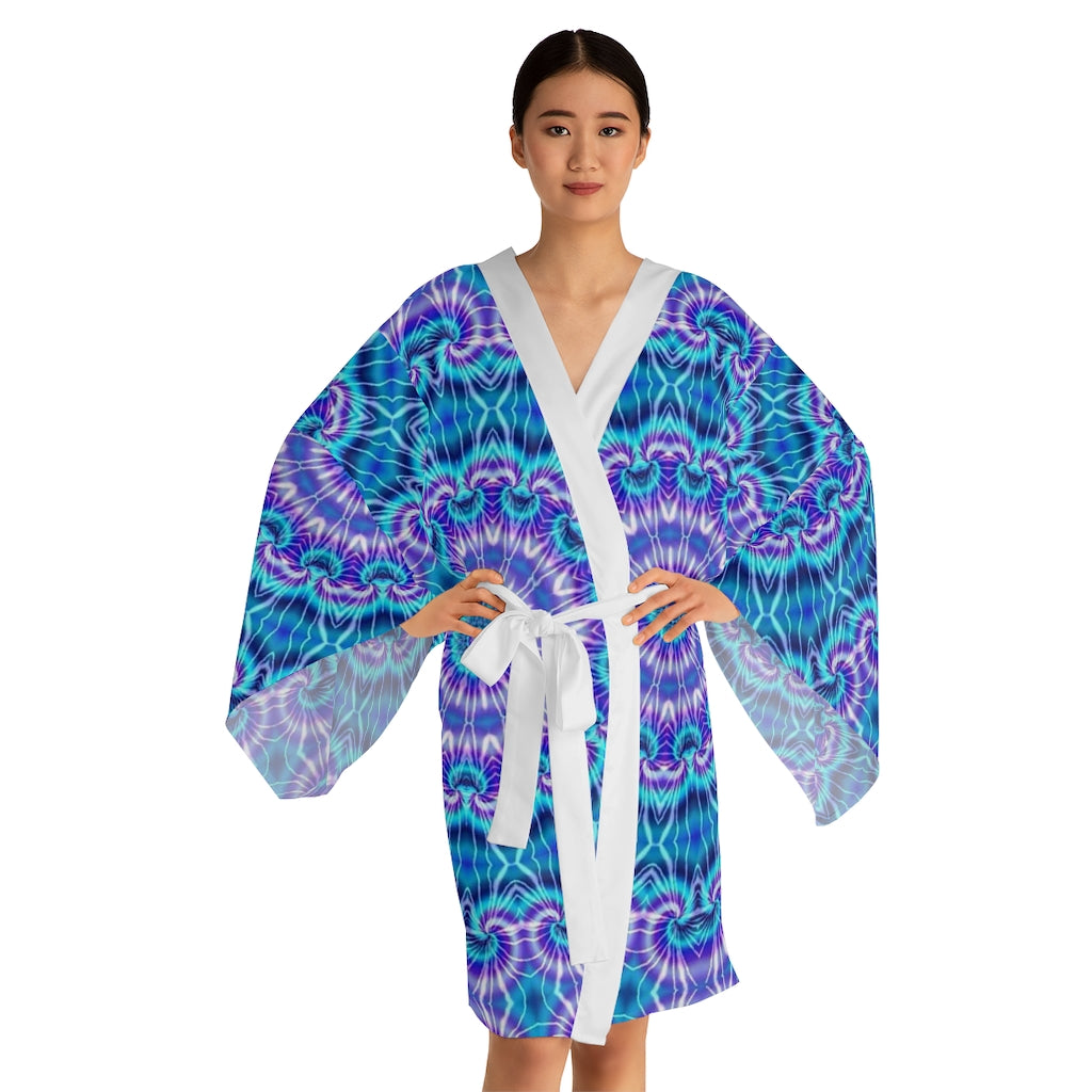 Blue and Purple Tie Dye Kaleidoscope Long Sleeve Kimono Robe