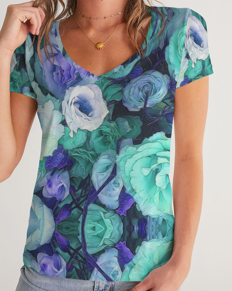 Aqua Flowers Women's V-Neck Tee