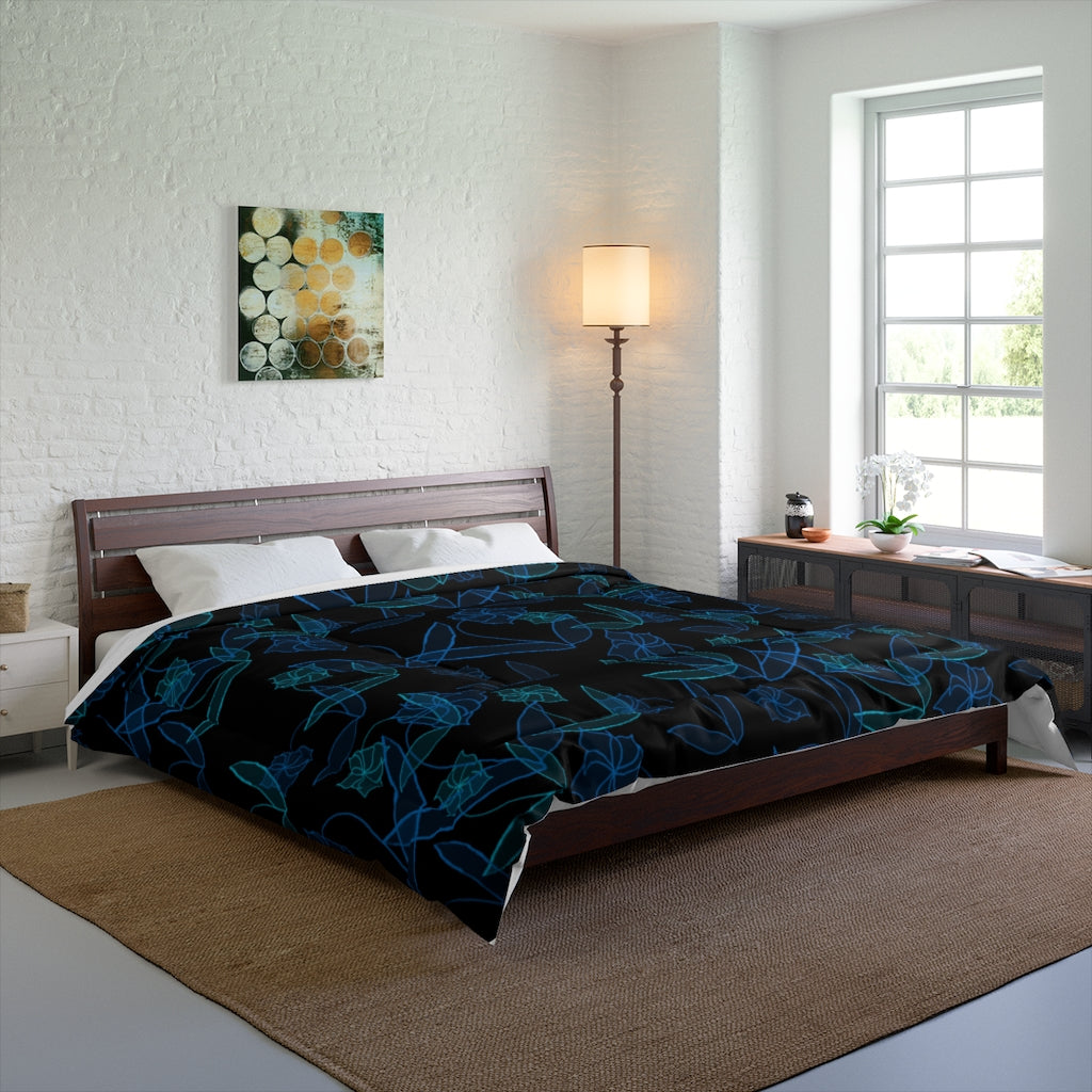 Blue Lilies On Black Comforter