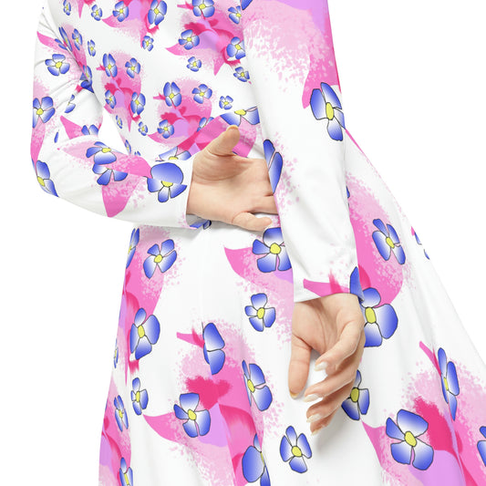 Blue Flowers on Pink Women's Long Sleeve Dance Dress