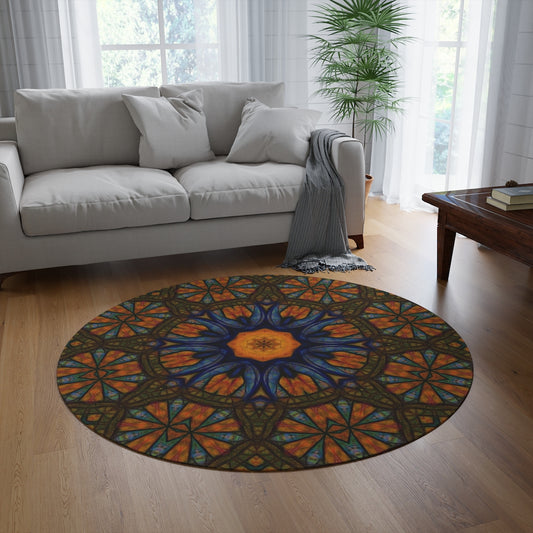 Blue Orange Sketchy Kaleidoscope Round Rug