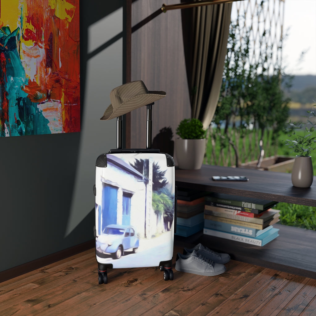 Vintage Travel Blue Car on The Street Cabin Suitcase