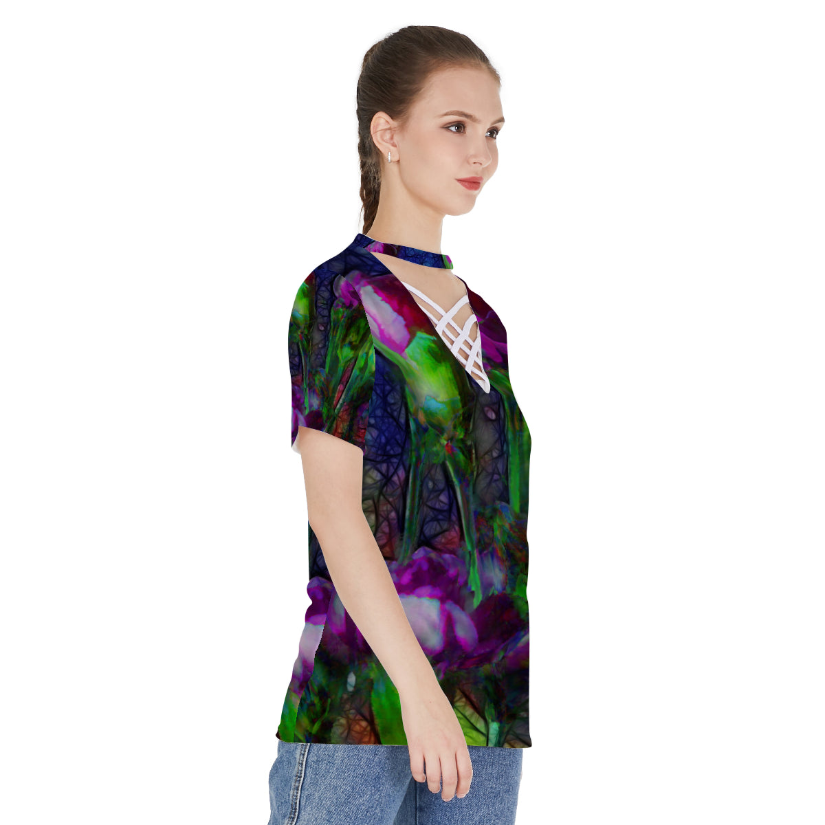 Abstract Pink Carnations All-over print V-neck string short sleeve shirt