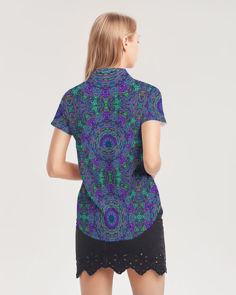 Blue Green Purple Kaleidoscope Women's Short Sleeve Button Up