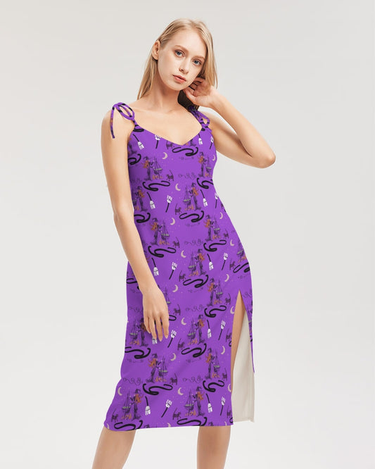 Witch Cat Cauldron Pattern Women's Tie Strap Split Dress