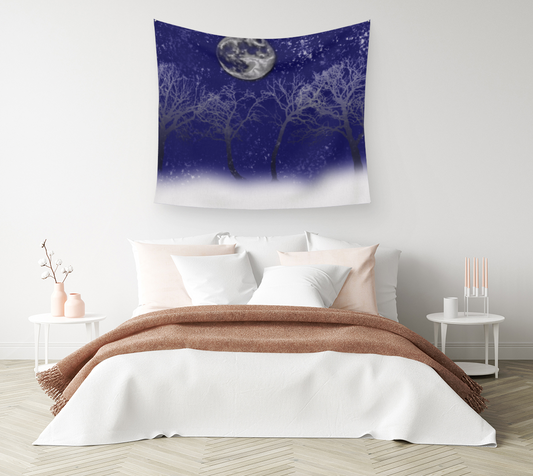 Blue Moon Snow Trees Tapestry