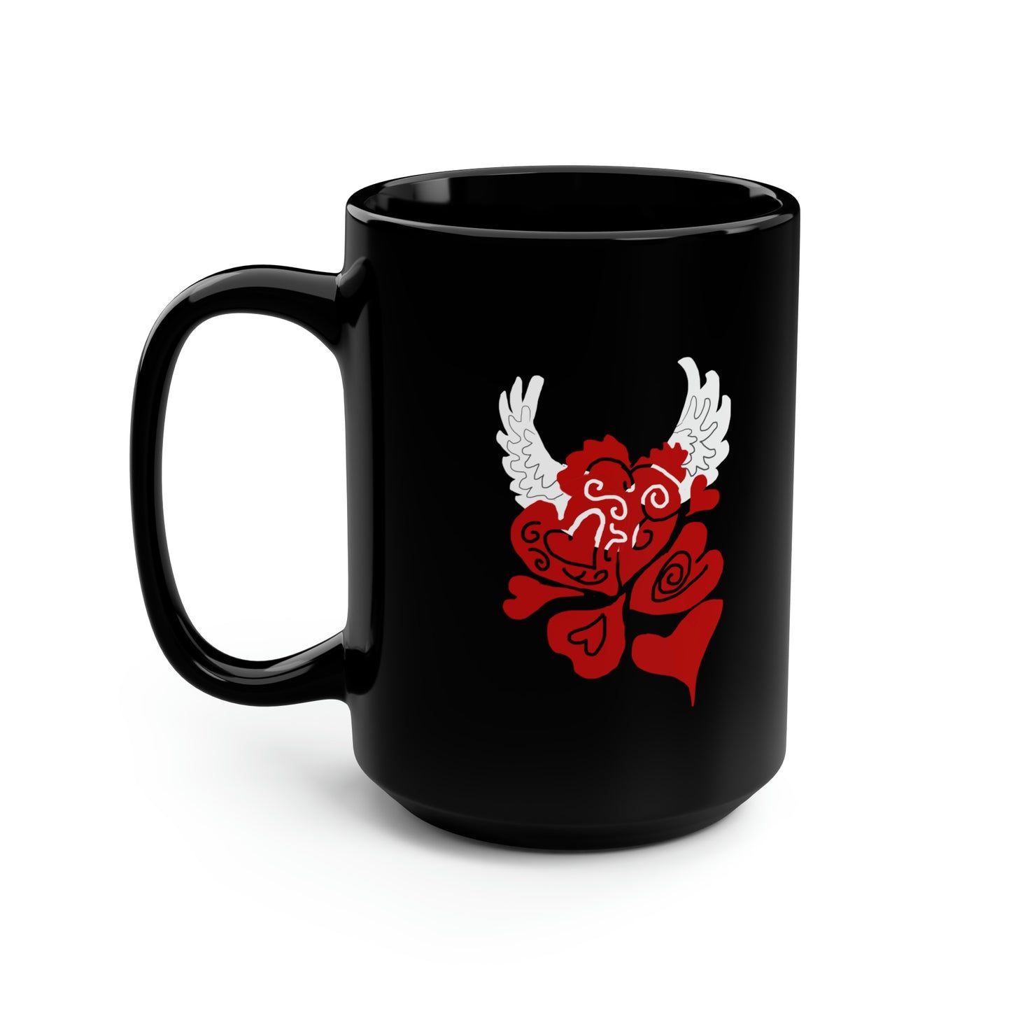 Hearts and Wings Black Mug, 15oz