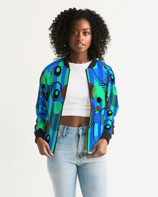 Blue Green Stripes and Dots Women's Bomber Jacket