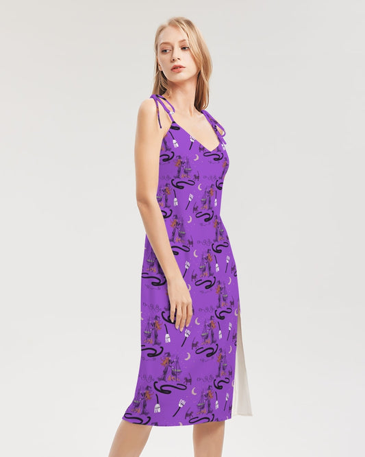 Witch Cat Cauldron Pattern Women's Tie Strap Split Dress