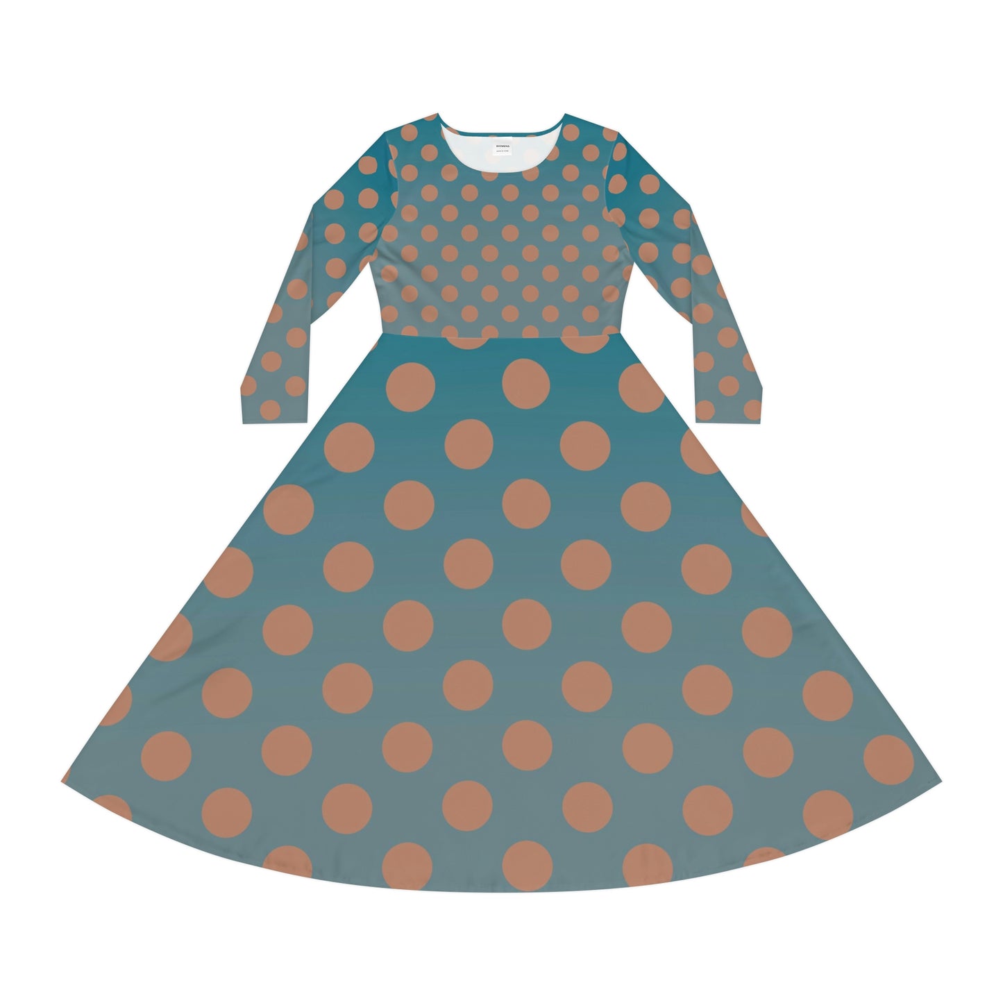 Denim and Brown Polkadots Women's Long Sleeve Dance Dress