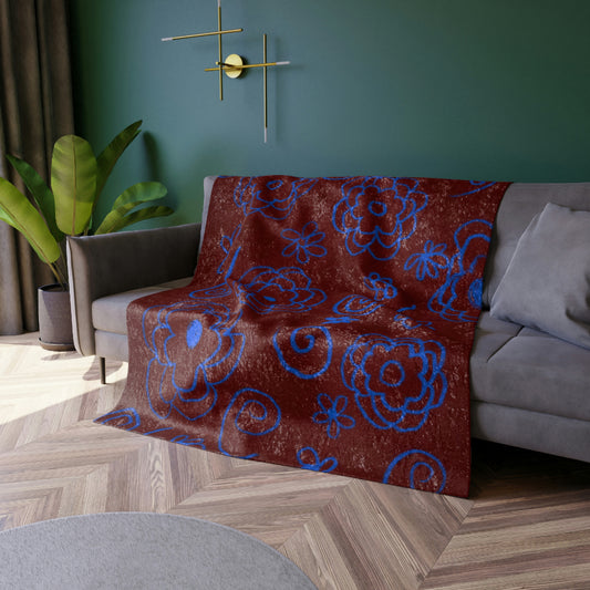 Blue Flower Drawing Crushed Velvet Blanket