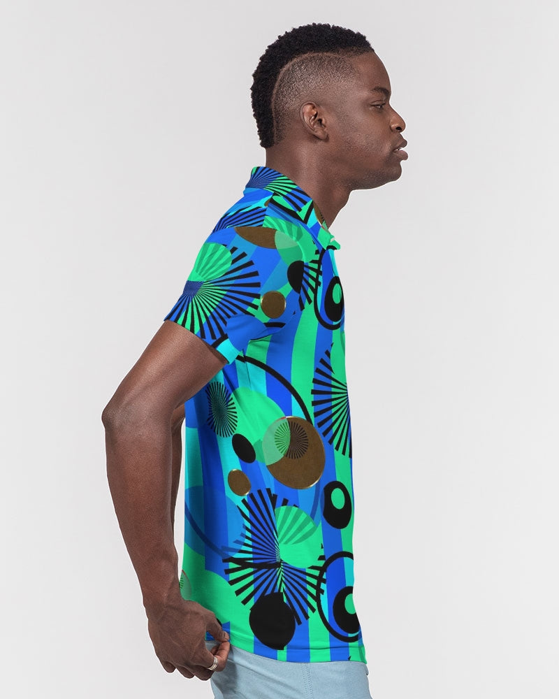 Blue Green Stripes and Dots Men's Slim Fit Short Sleeve Polo