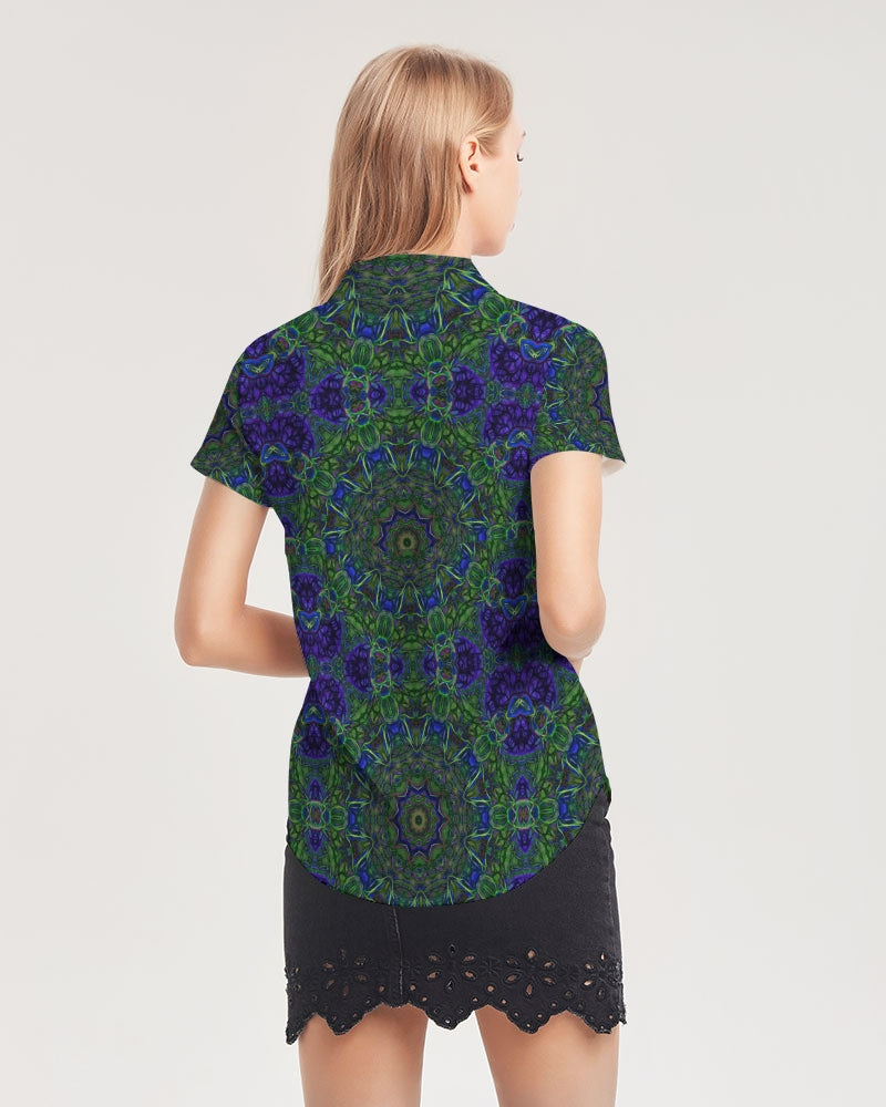 blue Green Ribbon Kaleidoscope Women's Short Sleeve Button Up