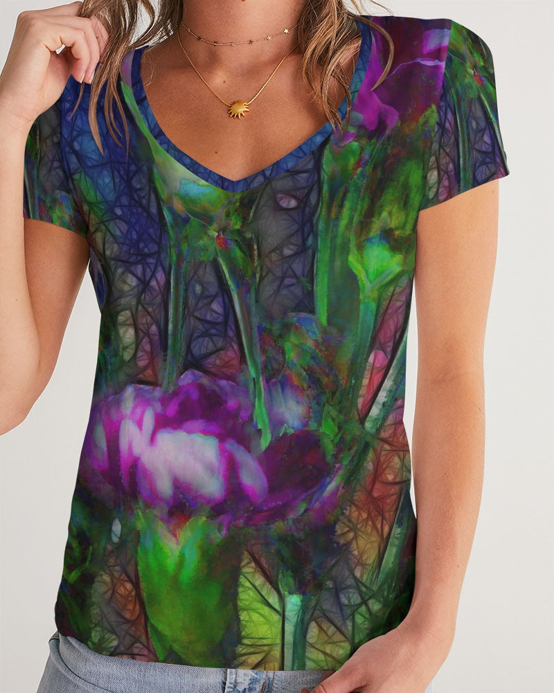 Abstract Pink Carnations Women's V-Neck Tee