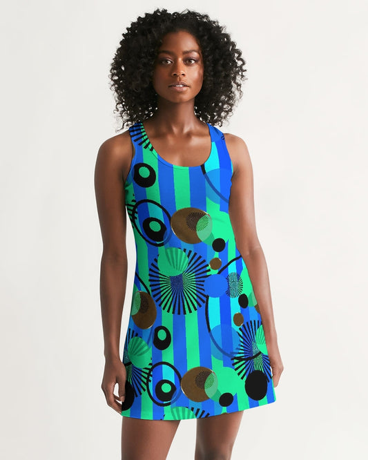 Blue Green Stripes and Dots Women's Racerback Dress