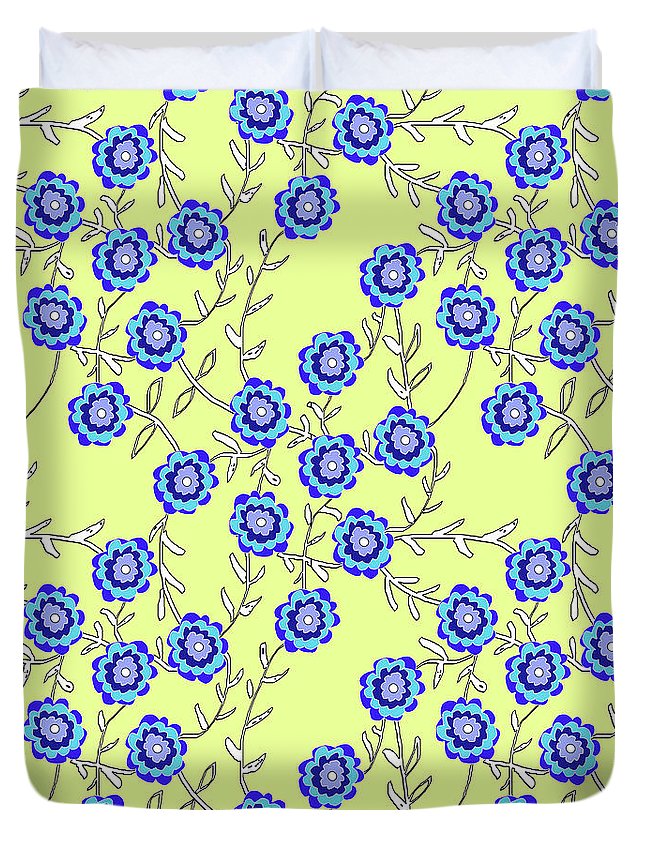 Blue Flowers On Yellow - Duvet Cover