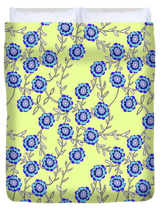 Blue Flowers On Yellow - Duvet Cover
