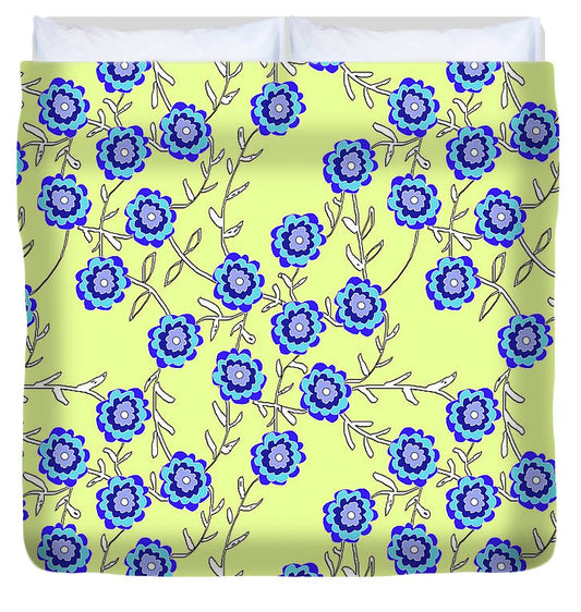 Blue Flowers On Yellow - Duvet Cover