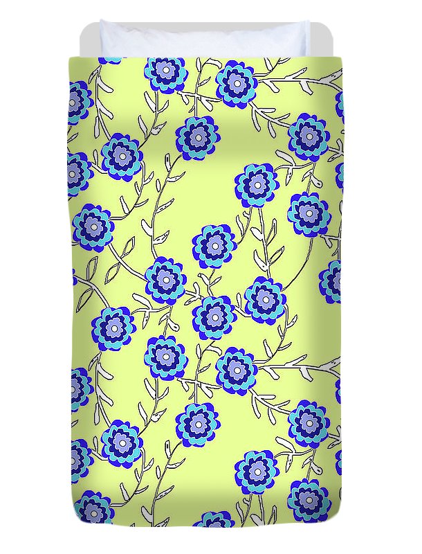 Blue Flowers On Yellow - Duvet Cover