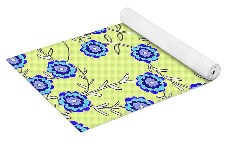 Blue Flowers On Yellow - Yoga Mat
