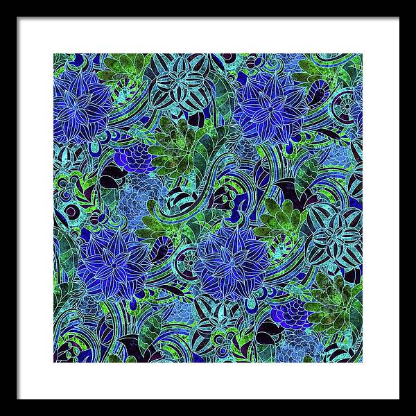 Blue Green Flower Pattern - Framed Print