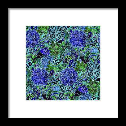 Blue Green Flower Pattern - Framed Print