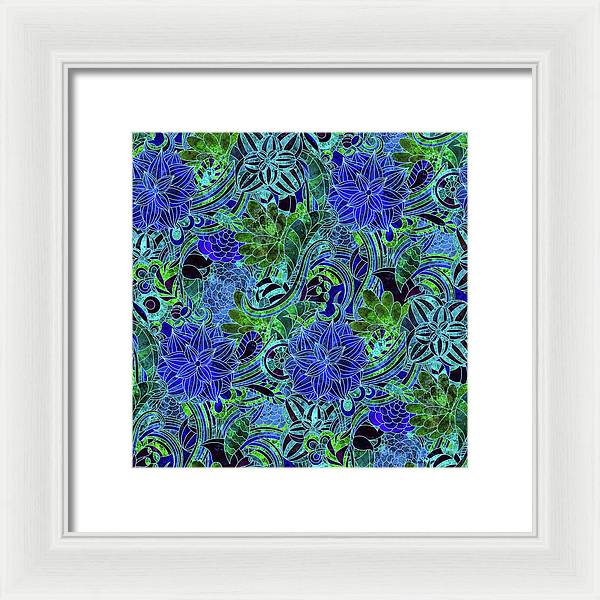 Blue Green Flower Pattern - Framed Print