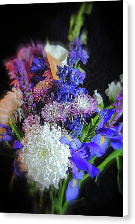 Blue White Purple Mixed Flowers Bouquet - Canvas Print