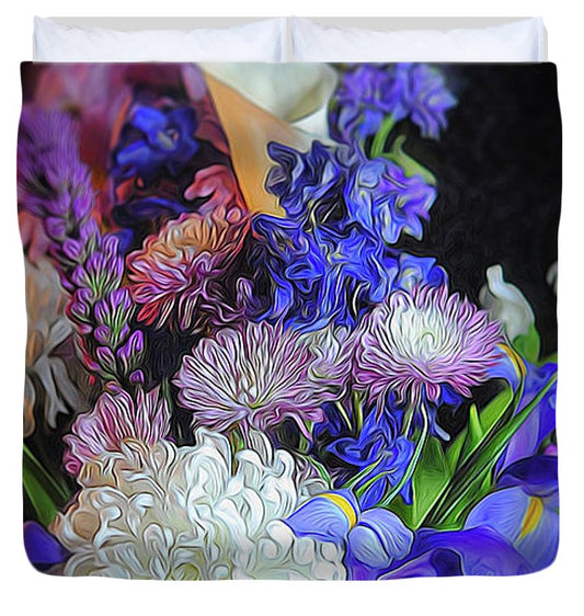 Blue White Purple Mixed Flowers Bouquet - Duvet Cover