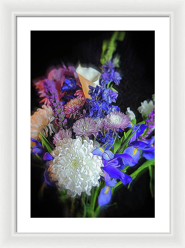 Blue White Purple Mixed Flowers Bouquet - Framed Print