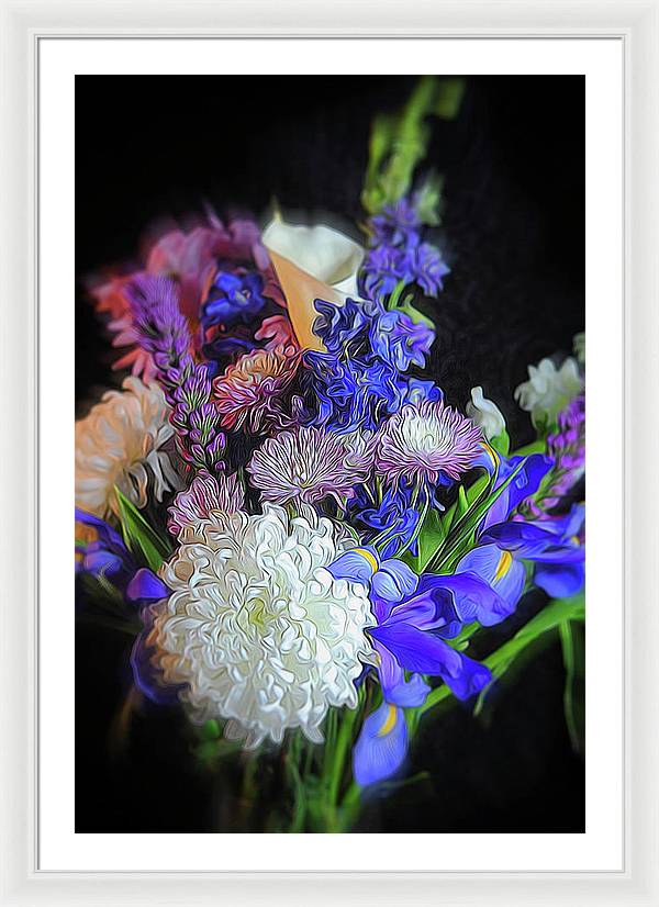Blue White Purple Mixed Flowers Bouquet - Framed Print