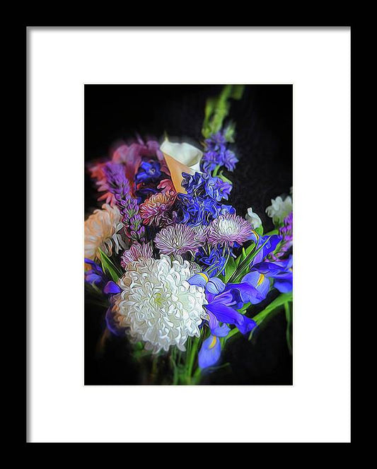 Blue White Purple Mixed Flowers Bouquet - Framed Print