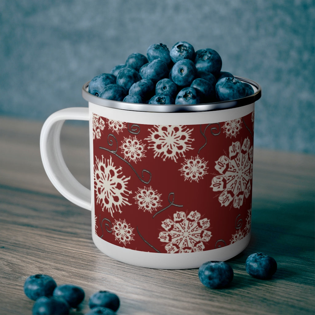 Snowflakes on Red Enamel Camping Mug