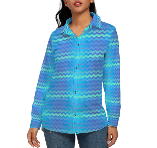Blue Green Mermaid Chevron Stripes All Over Print Women's Long Sleeves Shirt