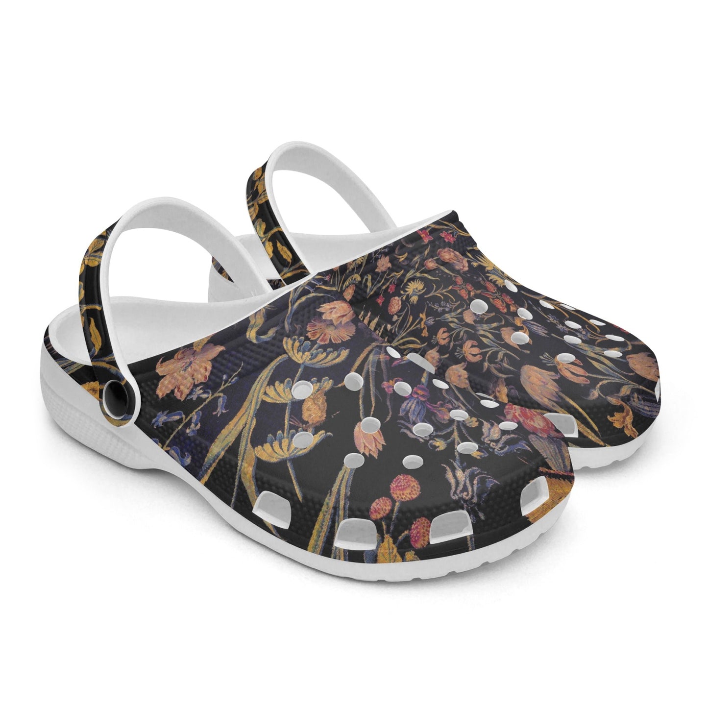 Medieval Flowers On Black 413. All Over Printed Clogs