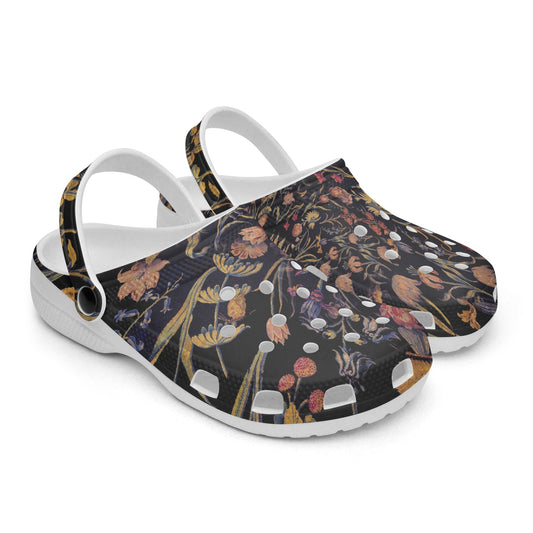Medieval Flowers On Black 413. All Over Printed Clogs