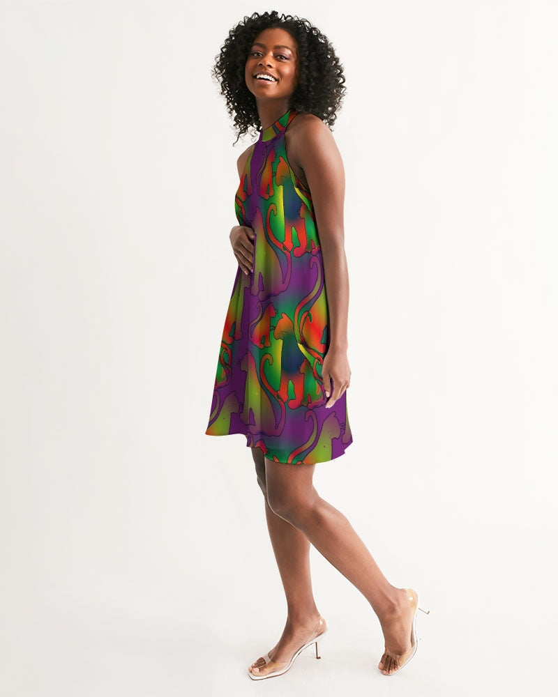 Abstract Rainbow Cats Pattern Women's Halter Dress