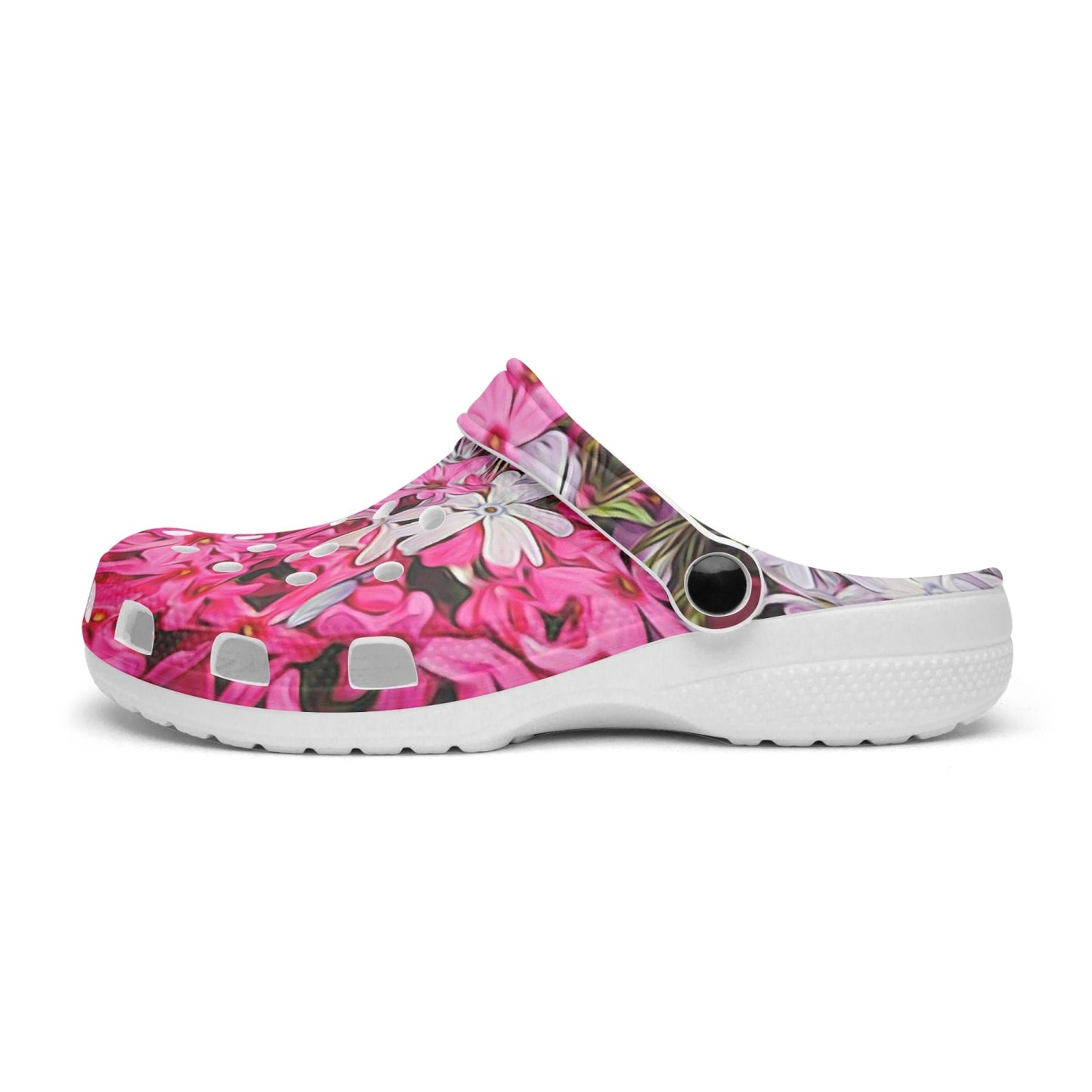 Pink and White Phlox 413. All Over Printed Clogs